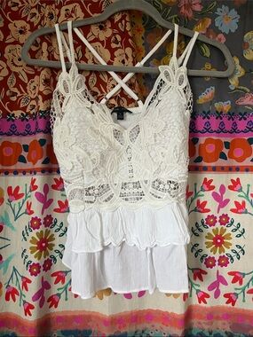 MOA MOA Boho Rayon Blend White Crochet Lace Tank Size Juniors Small
